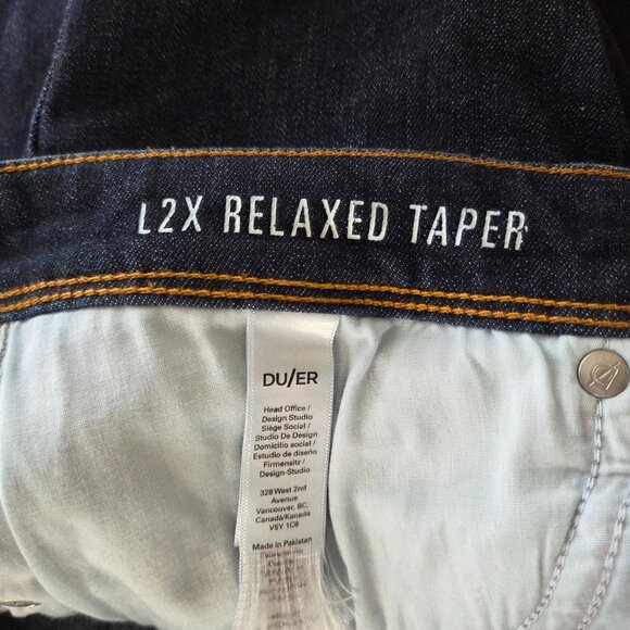 DU/ER Heritage Rinse L2X Relaxed Taper Jeans Mens Size 36 / 30 Dark Wash Denim - Picture 10 of 15